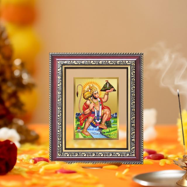 Image of DIVINITI Hanuman Carrying Sanjeevani Mountain 24K Gold Plated Foil Wall and Tabletop Photo Frame for Home Decor, Puja Room, Luxury Gifting | DG Frame 105 S1 (16x13.5 CM)