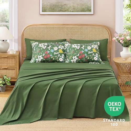 Image of Andency King Size 7 Piece Reversible Bed in a Bag - Botanical Floral & Gingham Comforter Set, Farmhouse Vintage Rustic Comforter,Forest Green