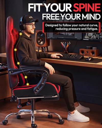 Image of Dowinx Ergonomic Gaming Chair with Footrest & Massage Lumbar, 2D-Linkage Armrests for Computer Chair 330lbs with Headrest Pillow for Office, Home, Streaming and Long Gaming Sessions, Fabric Dark Red