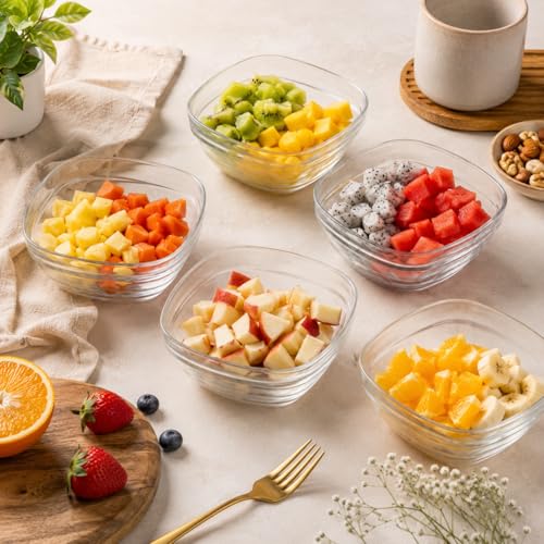 Image of WRINGO Glass Bowl for Kitchen Prep, Dessert, Dips, and Candy Dishes, Cake, Snack Bowl Set of 6 Or Nut Bowl, and Microwave Safe Clear Glass Bowls for Mixing, Storing Size 4.5 Inch