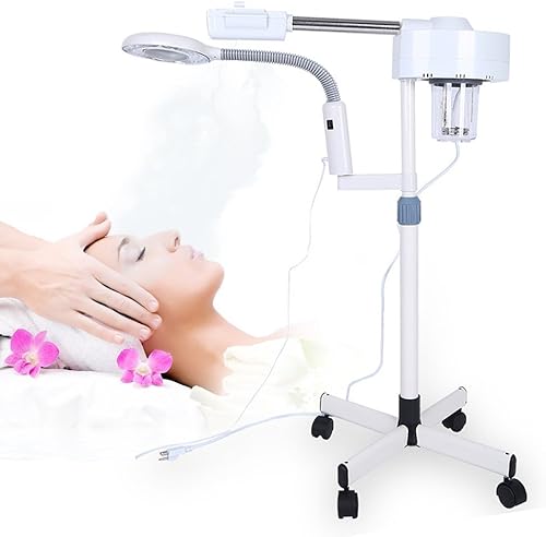 EBTOOLS 2 en 1 lámpara de vapor facial, 5 x lámpara de aumento de pie luz de ozono caliente máquina de belleza maquillaje luz con rueda de rodillo