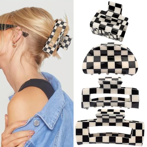 Atoden Checkered Hair Clips for Thick Thin Hair 4Pcs Large Medium Small Square Claw Clips Non Slip Strong Hold Jaw Clips Y2K Hair Accessories for Women Girls Black White