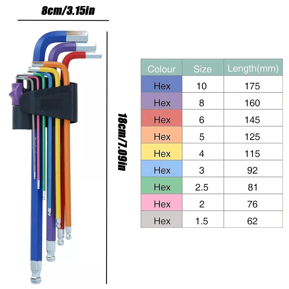 Crozgan 9Pcs Allen Key Set,Metric Hex Key Set 1.5-10mm with Colour Coding Anti-Slip Long Ball End Hex Wrench Set Allen Wrench Universal Set for Bike,Vehicles,Furniture Assembly,Motorcycle - Image 2