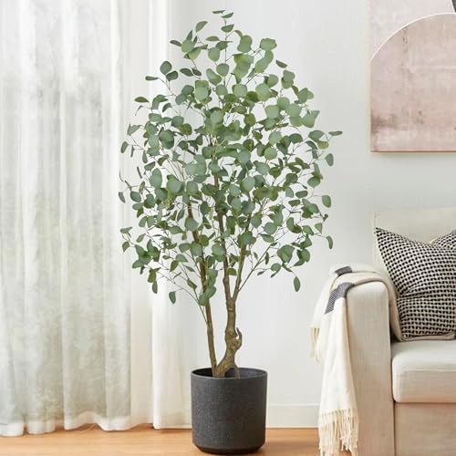 Artificial Eucalyptus Tree 5FT with 520 Leaves Realistic Tall Large Fake Faux Tropical Plant 59 Inch Black Pot for Indoor Home Office Poolside Porch Mall Hotel School Decor Housewarming Gift