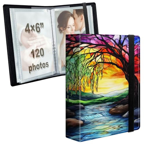 Image of Photo Album 4x6 120 Photos with Strong Elastic Band, Stained Glass Tree | Large Capacity Premium Leather Picture Album, Portable Wallet Albums Photo Book for Family Anniversaries Wedding Baby