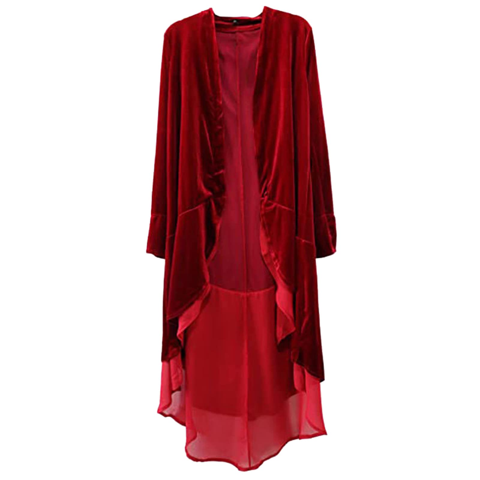 ZSBAYU Women's Vintage Velvet Maxi Duster Cardigans Open Front Trench Coat Velvet Duster Cardigan Draped Open Front Trench Coat(Red,XX-Large)
