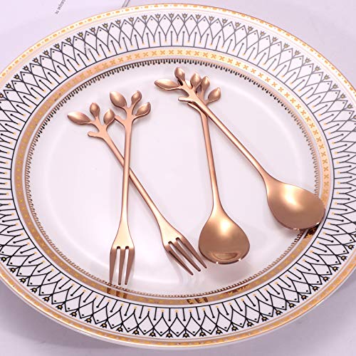 Stainless Steel Rose Gold Leaf Coffee Spoon-Ansaw 10 Pcs 4.7'' Creative Tableware Dessert Spoons, Stirring, Mixing, Sugar, Stir, Ice Cream, Cake, Teaspoon Set(Rose Gold-10Spoon) #TOP4