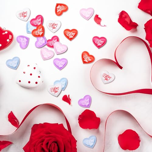Image of 200 Pieces 1.4 Inch Multicolor inchI Love You inch Fabric Heart Confetti Table Decorations - Red, Pink, Purple, and Blue Scatter Crafts for Valentine's Day, Weddings, Anniversaries, Romantic Party Favors