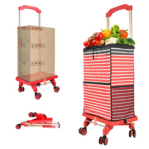 Diable pliable portable robuste et durable avec sac amovible, roue rotative à 360 ° et poignée réglable 80 kg - Pour déménagement, courses, voyage, bureau (rouge) Cover