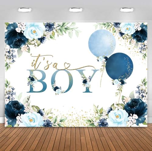 Sensfun It's A Boy Baby Shower Backdrop Navy Blue Floral Watercol...