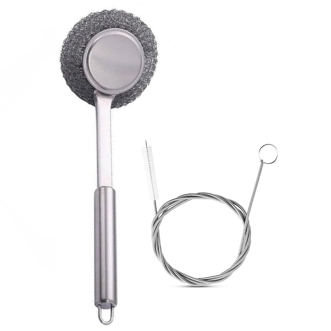 stainless steel scrubber with long handle non‑scratch wire dish brush for cast iron, pots, pans , utensils 60 inch drain perforated brush flexible wire brush pipe cleaning clog remover tool