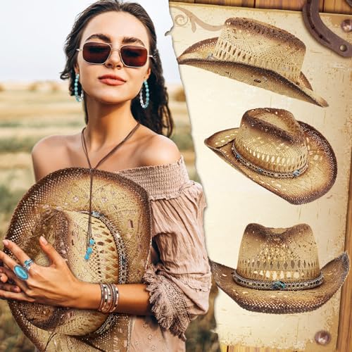 Ecally 7 Pcs Boho Jewelry Set Straw Cowboy Hat with Vintage Turquoise Necklace Rodeo Bracelet Ring Pendant Earrings for Women4
