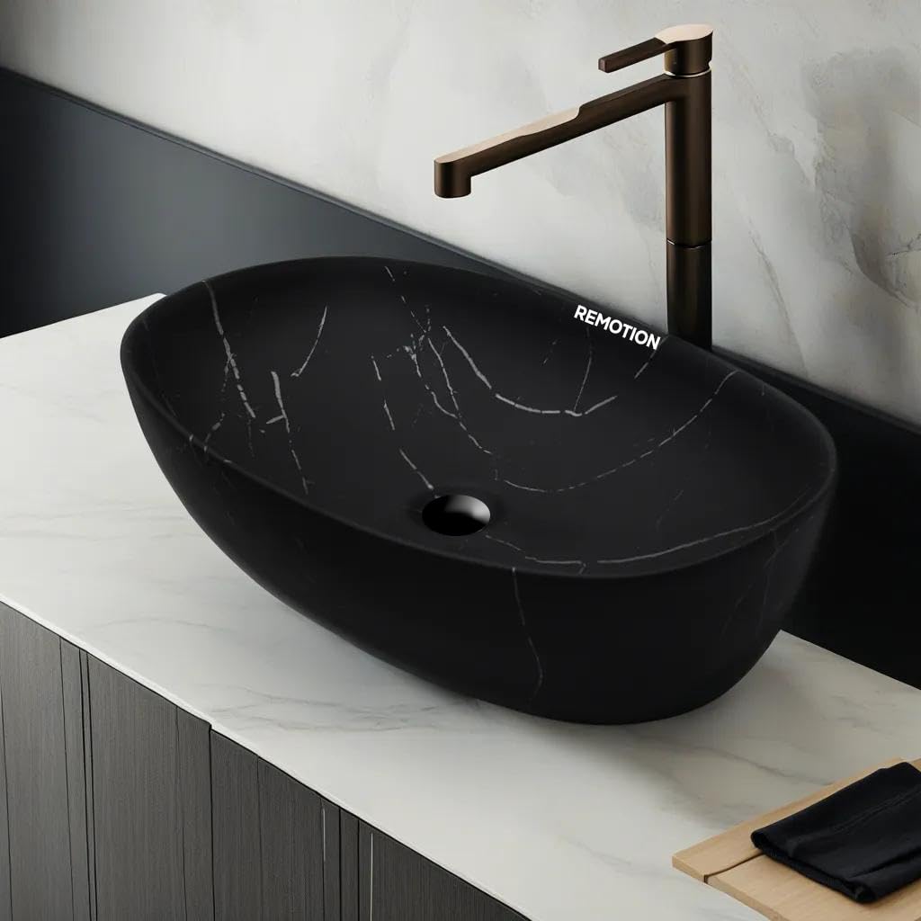 REMOTION Table Top Designer Wash Basin Over Counter Vessel Sink Counter Top Glossy Wash Basin For Bathroom And Living Room (24 x 15 x 6 Inch) (WB-Matte Black) (B0CP2LMGSK) Amazon Price History, Amazon Price Tracker