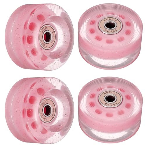 M METERXITY 4 Pack Skate Wheels - PU Quad Skate Fitting Wheels with Bearing, Apply to Double Row Roller Skating/Skateboard (Shine Pink)