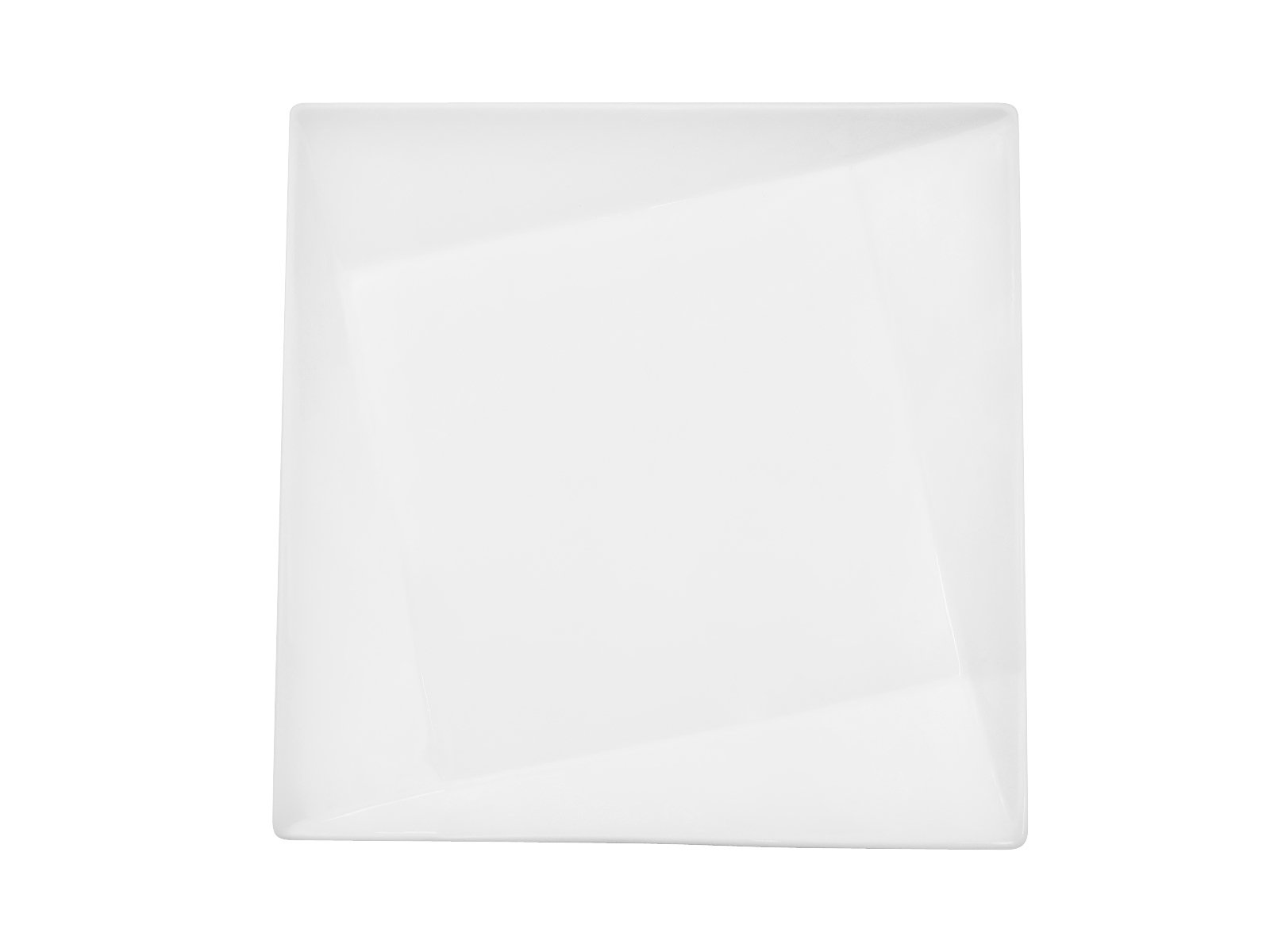 Top-down view of a single CAC China QZT-210 Crystal 10-Inch Super White Porcelain Square Plate.