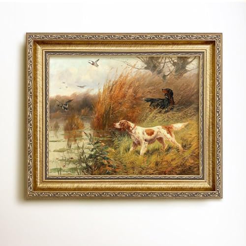 Framed Pair Of Pointers Hunting Ducks Stream Side Oil Painting Print On Vintage Bird Dog Print Gicle Wall Art