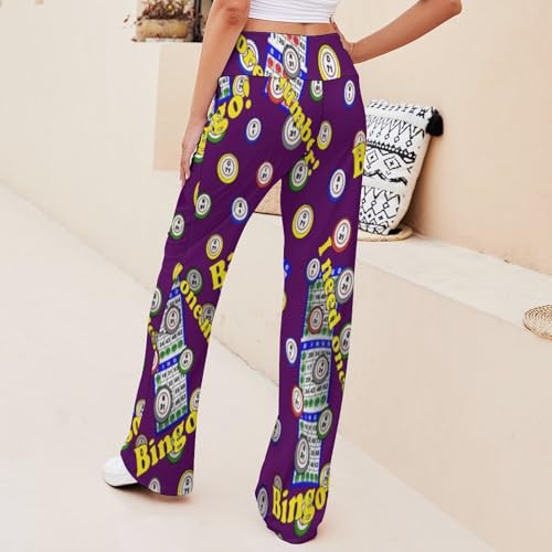 Bingo Dots Purple Women's High Waist Print Wide Leg Pants Summer Casual Long Drawstring Wide Leg Palazzo Pant4
