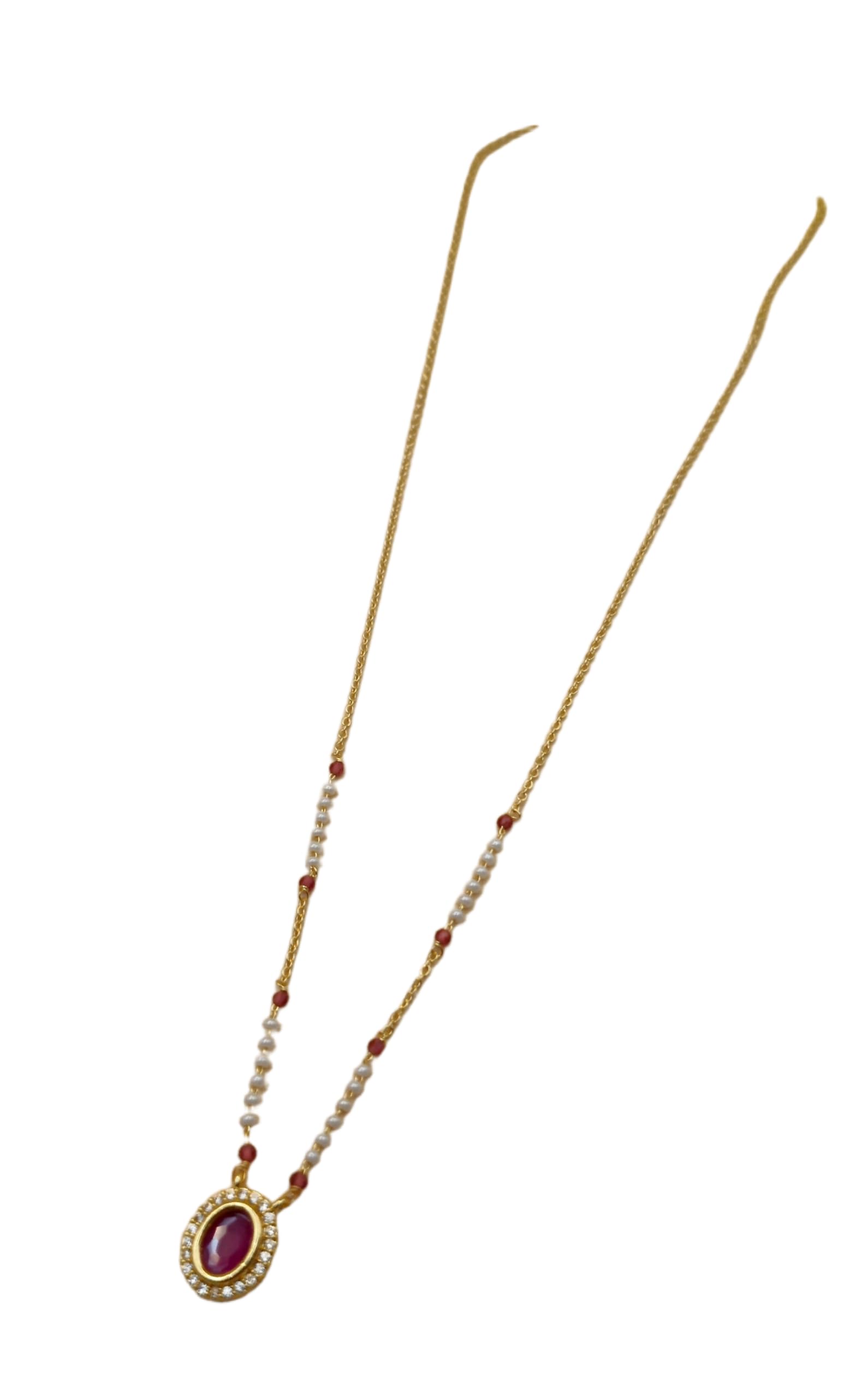 Artificial Mangalsutra for Women | Gold Tone Stainless Steel Chain | Oval Red Pendant with Pearl Details | Lightweight Necklace | Pack of 1-image-32