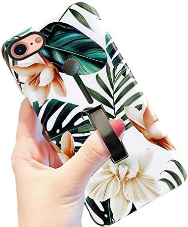 iPhone SE 2022 Case/iPhone SE 3 Case 2022/iPhone SE 2020 Case/iPhone 8 Case/iPhone 7 Case Finger Grip,3D Print Green Leaves with Flowers Design Rugged Shockproof Dual Layer Finger Ring Loop Strap Case