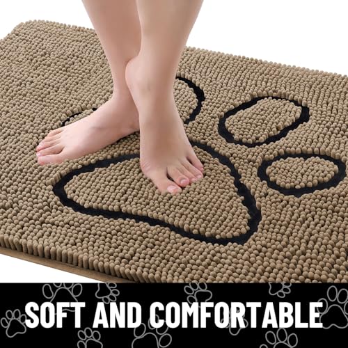 Image of Smiry Dog Door Mat for Muddy Paws, Absorbent Dirt Trapper Non Slip Quick Dry Washable Chenille Mat for Mud Dogs, Entry Rug for Indoor and Outdoor (40x24 Inches, Camel and Black)