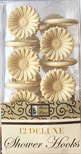 Better Home 12 Daisy Flower Deluxe Shower Hooks S Shaped Fun Design Curtain Rings (Tan)