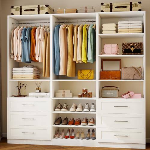 Closet System With 3 Sets, 6–16 Ft Closet Organizer System With 6 Drawers, Walk-In Closet With 9 Shelves & 5 Adjustable Hanging Rods, Customizable Modular Closet Kit, White