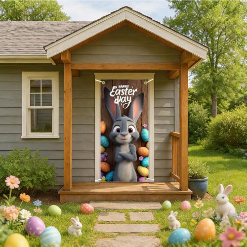 Image of Easter Door Cover Happy Easter Day Gray Bunny Door Banner Cute Easter Door Covers for Front Door Spring Easter Egg Door Decorations 35x71 Inch