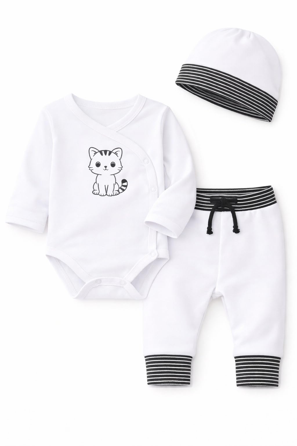 Baby Erstausstattungsset 3-teilig – Wickeloberteil, Hose & Mütze Weiß mit Katze – Neugeborenen Erstlingskleidung aus Baumwolle – Unisex Baby Outfit – Größe 44–98
