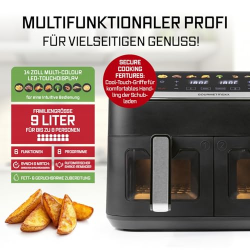 Friteuse 9 L GOURMETmaxx AirGenius pour cuisiner deux aliments sans mélanger