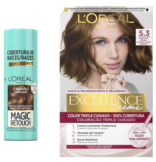Lote de L'OREAL PARIS Magic Retouch Spray Retoca Raíces y Canas Castaño 75ml + L´ORÉAL PARIS Excellence Creme Tinte Permanente - Tono 5.3 Chocolate Praliné