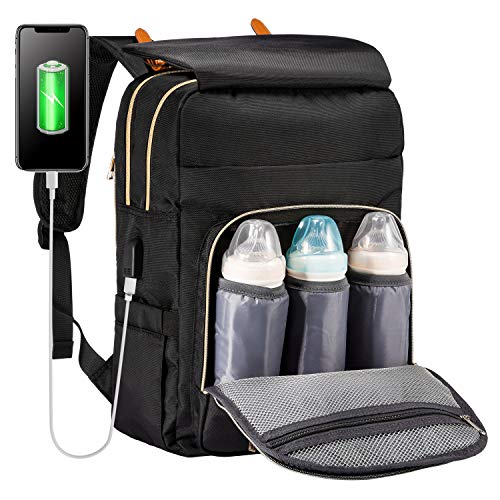 Diaper Bag Backpack, Multifunction Nappy Bags Large Capacity Waterproof Baby Changing Bags for Mom and Dad, with USB Charging Port and Insulated Bottle Pockets, Black