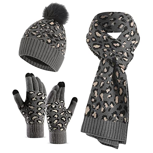 Winter 3 in 1 Scarf Hat Glove Set for Women Beanie Hat Long Scarf Touch Screen Gloves Leopard Knitted with Pom Pom