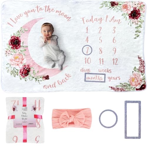 Image of Baby Milestone Blanket - Monthly Milestone Blanket for Baby Girl - Custom Soft Fleece Photography Background - Personalized Newborn Growth Chart -Premium Floral Moon 60" X 40"