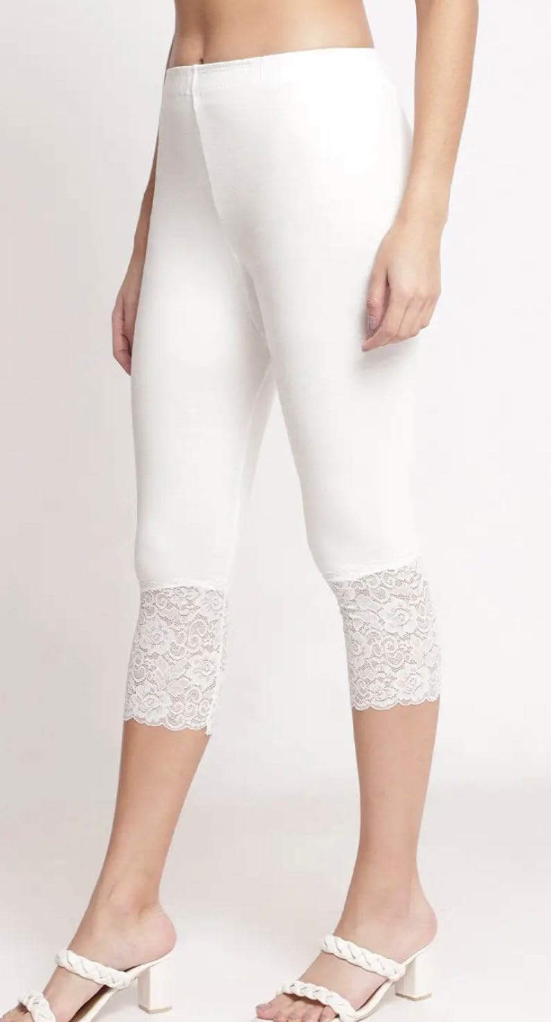 Women's Lace Trim Capri Leggings, White, Viscose, Soft Stretch, Casual Style-image-16