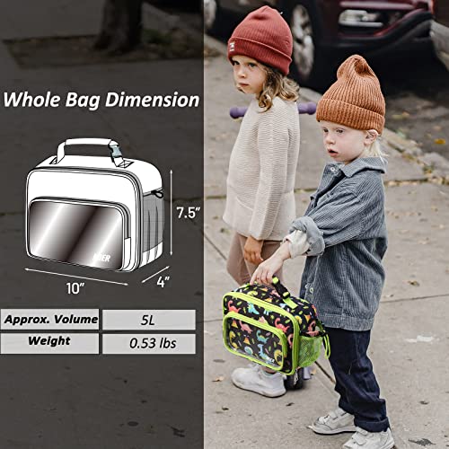 Mier Lunch Bags For Kids Boys Girls Toddlers Cute Insulated Lunch Box Tote School Lunchbox Kit With External Water Bottle Holder/Clear Zipper Pocket (Black/Green-Dinosaur) #TOP3