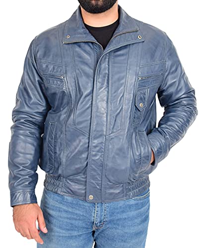 Blouson aviateur homme cuir bleu veste Alan style classique mode décontractée