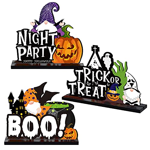 QICI 3 Pcs Halloween Wooden Centerpiece Signs - Happy Halloween Table Decorations Wooden Pumpkin Signs Trick or Treat Table Toppers Table Signs for Halloween Party Table Top Decoration