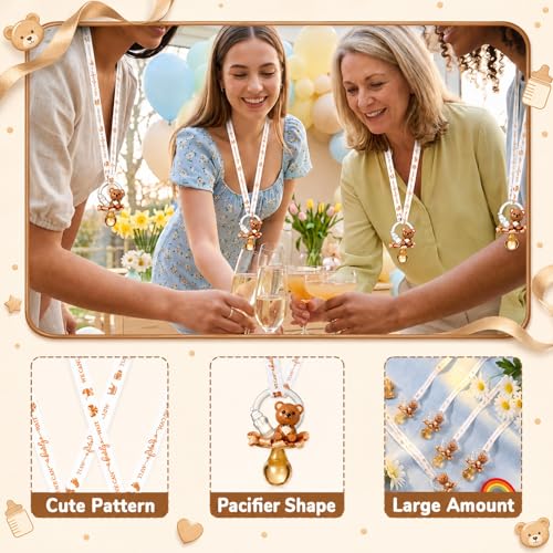 Image of Coume 36 Pcs Baby Shower Pacifiers Necklace Cute Bear Bottle Acrylic Pacifiers Necklaces for Baby Shower Games Guests Gender Reveal Party Favors Prize Decorations DIY (White,Brown,Elegant)