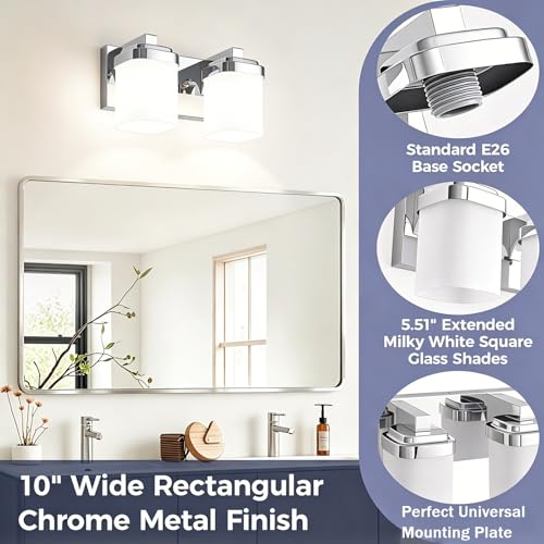 Image of 10 Inches Bathroom Vanity Light, 2-Light Chrome Bathroom Light Fixtures Over Mirror, Bathroom Light Shower Lamp with Milky White Square Glass Shade, Modern Farmhouse Lighting Fixtures