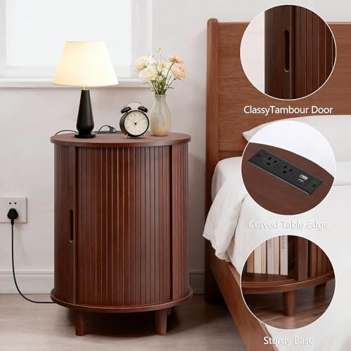 Image of DHH End Table Set of 2 with Storage & Charging Station, Fluted Accent Side Table with Sliding Door & Adjustable Shelf, Mid-Century Nightstand for Small Spaces, Living Room, Bedroom(2, Walnut)