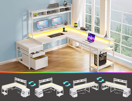 Image of EnHomee 104''L Shaped Desk with 4 Layouts,Outlet for Two Person Home Office | 4 Layout Sizes 64''-104'', Multi-Room Compatibility, 4 AC+2 USB Outlet, Multi-Monitor Stand, Simultaneous Work and Charging