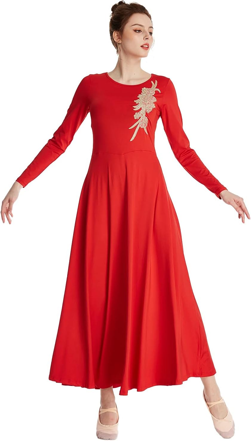 HIHCBF Women Long Sleeve Liturgical Praise Dance Dress Adults Applique Lyrical Ballroom Dancewear Worship Robe Costume
