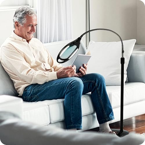 Brightech LightView Pro Magnifying Floor Lamp - Hands Free Magnifier with Bright LED Light for Reading - Work Light with Flexible Gooseneck - Standing Mag Lamp