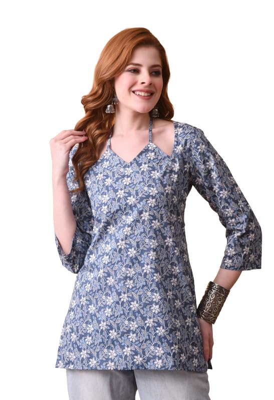 Cotton Floral Printed Halter Neck Casual Short Kurta for Women | Women Regular Short Kurti-image-33