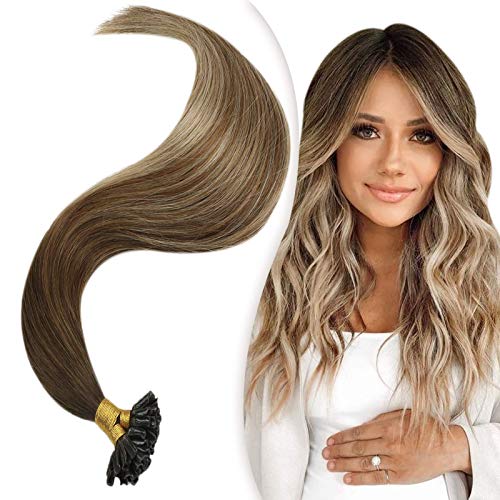 JoYoung Balayage U Tip Keratin Hair Extensions Human Hair Pre-Bonded Ombre Extensions 1g/s 18inch Dark Brown to Medium Brown with Blonde Hot Fusion Bond Human Hair 50g