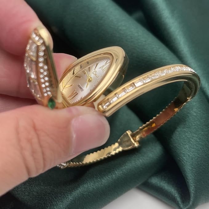 Image of Women's Gold Bracelet Watch | Snake Coil Cuff Style | Crystal Studded Oval Dial | Elegant Jewellery Watch for Women & Girls | Party, Wedding & Festive