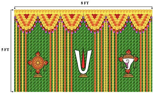 Image of Sri Yagnaa - Backdrop Cloth for Pooja Decoration Traditional - M 40 - Background Curtain Cloth for Festival Decoration (8x5 Ft) (Shanku Chakra Namalu Design Backdrop)