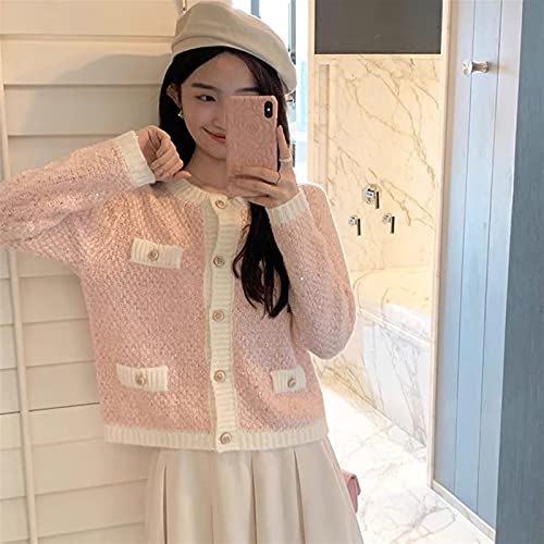 Suéteres femininos suéter rosa cardigan feminino gola redonda 2022 outono e inverno jaqueta de malha