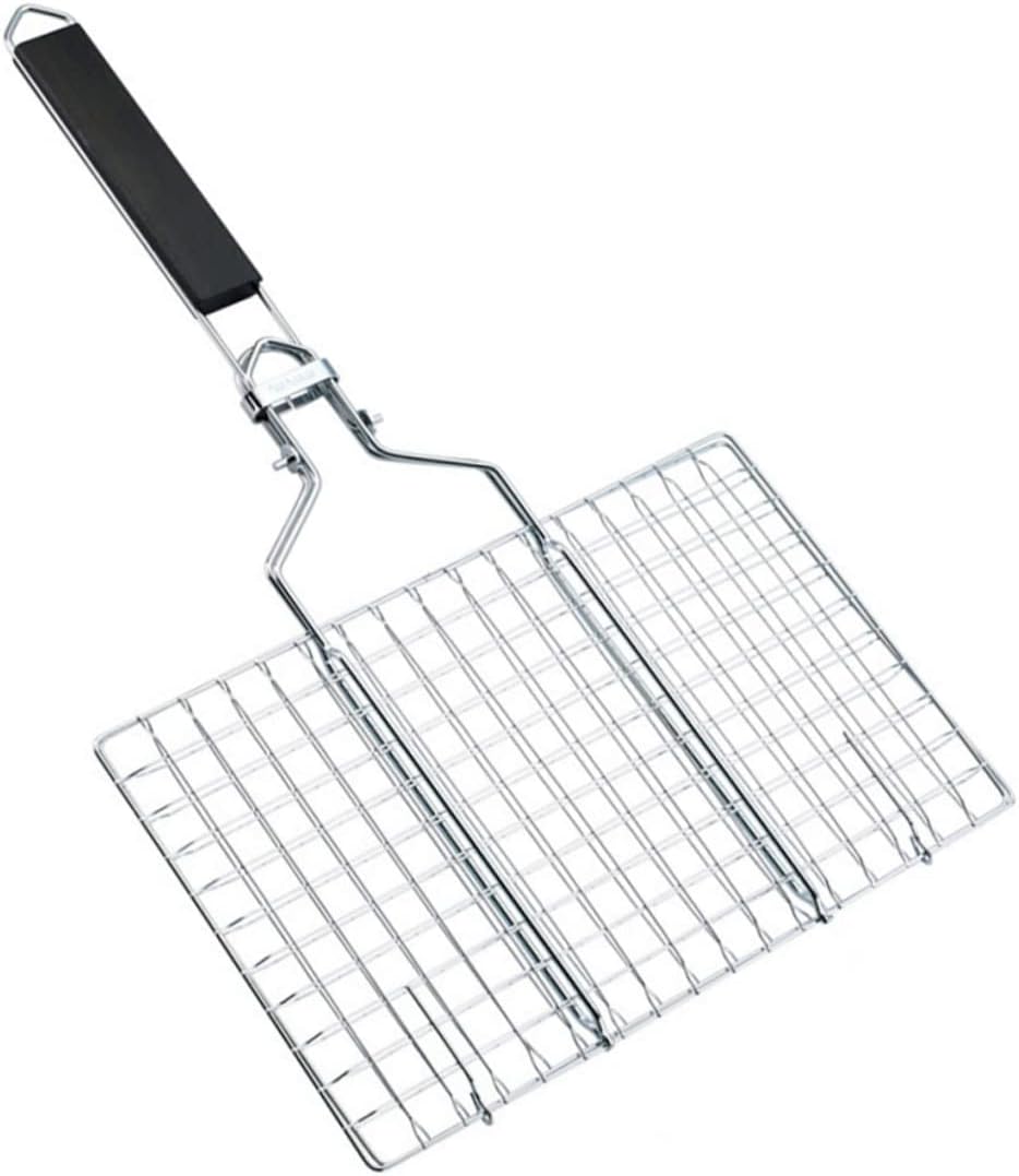 Stainless Steel BBQ Grilling Basket with Wooden Handle Portable Folding Fish Grill Basket for Outdoor Cooking Camping BBQ Accessories