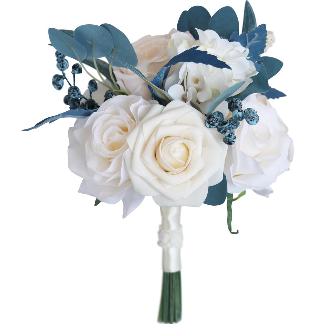 Hxscoo Bridesmaid Bouquet Dusty Blue Bride Bouquet, Boutonniere,Wrist Corsage,Waterfall Wedding Flower Wedding Ceremony Anniversary (Color : )